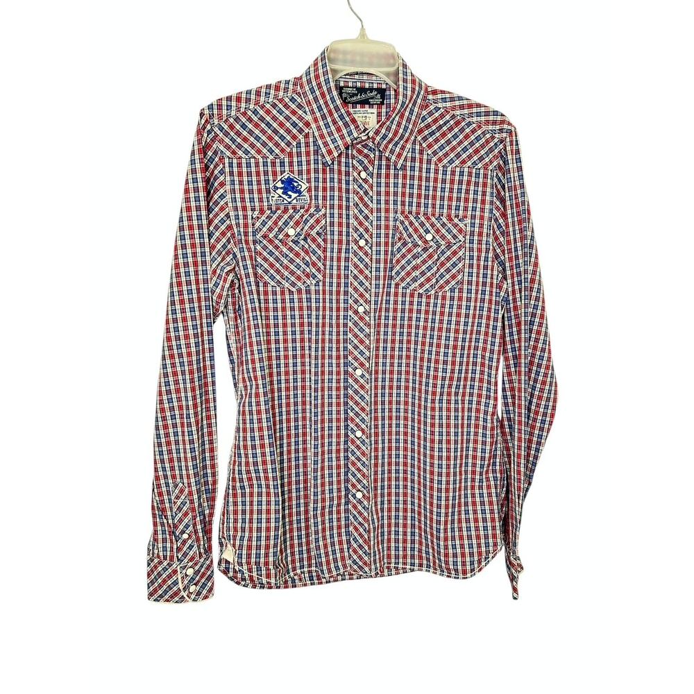 Scotch & Soda Mens Red White Blue Western Snap Up Shirt Scotch Devils Patch LG